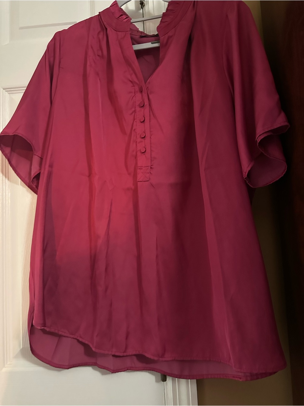 T Tahari Short-Sleeve Ruffle Neck Blouse in Berry Pink